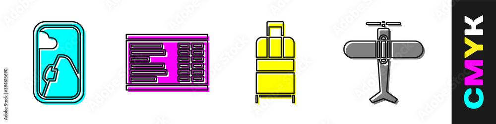 设置飞机窗口、机场板、手提箱和飞机图标。矢量。