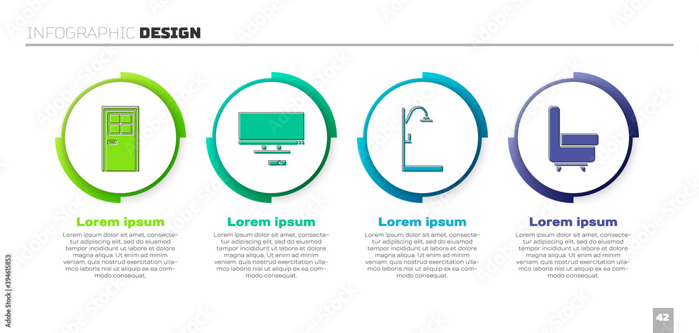 设置闭门、智能电视、淋浴和扶手椅。商业信息图模板。矢量。