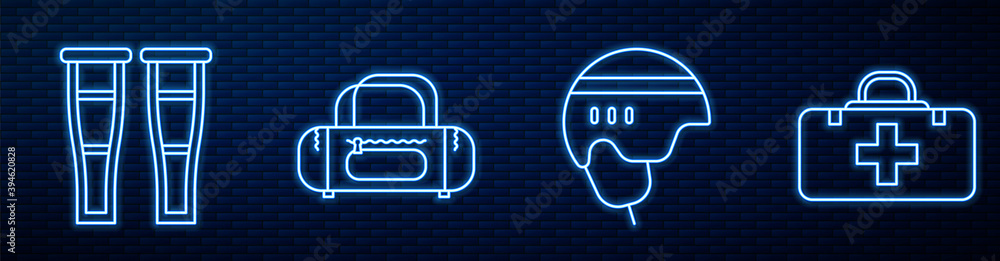 Set line Hockey helmet, Crutch or crutches, Sport bag, First aid kit and Hockey helmet. Glowing neon