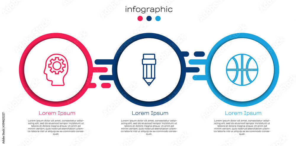 Set line Head with gear inside, Pencil eraser and Basketball ball. Business infographic template. Ve