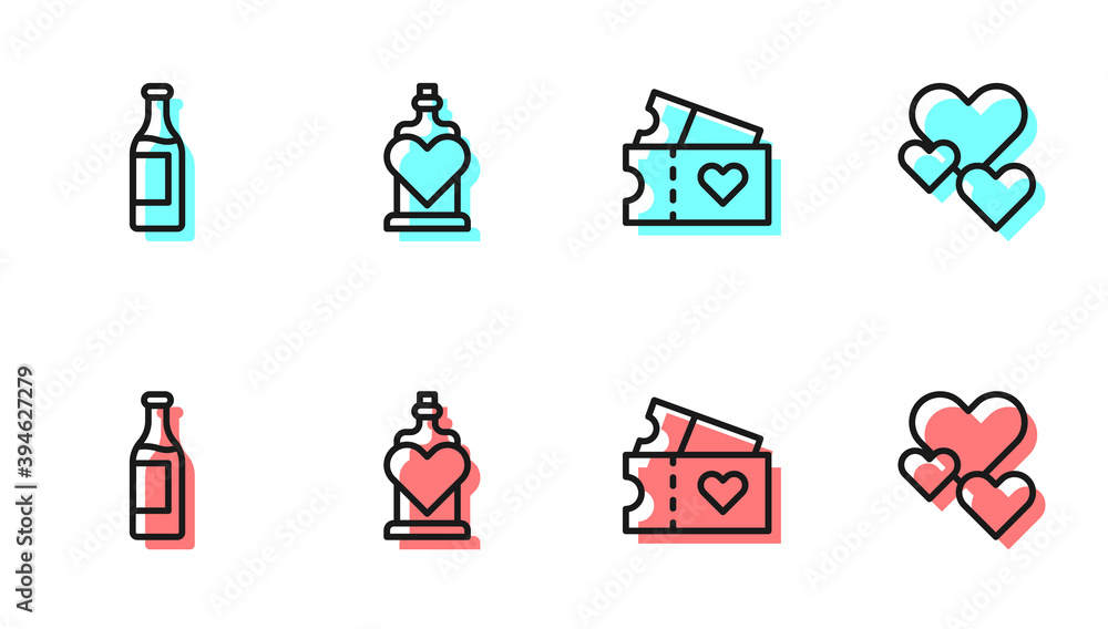 Set line Love ticket, Wine bottle, Bottle with love potion and Heart icon. Vector.