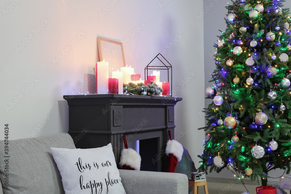 Interior of living room decorated for Christmas