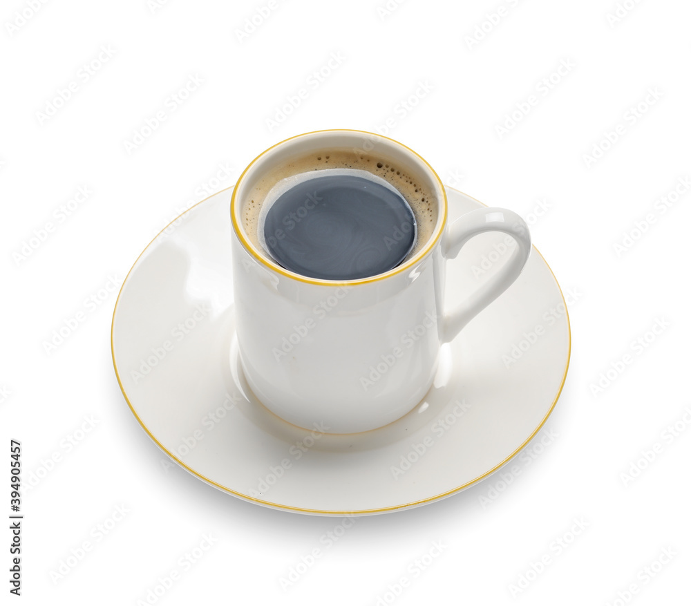 Cup of hot espresso on white background