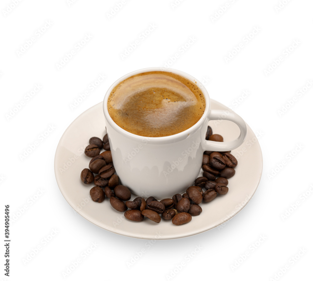 Cup of hot espresso on white background