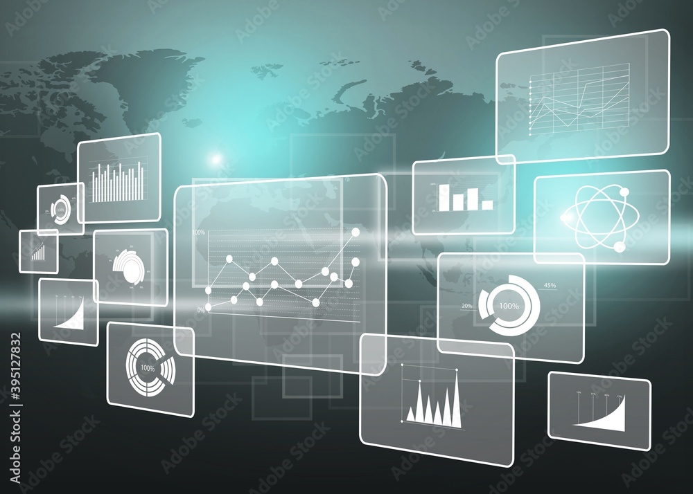 Big data analytics illustration and city background