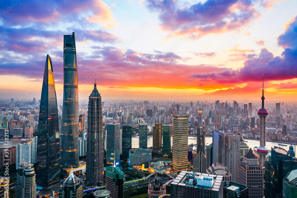 Aerial view of Shanghai skyline and cityscape at sunset,China.