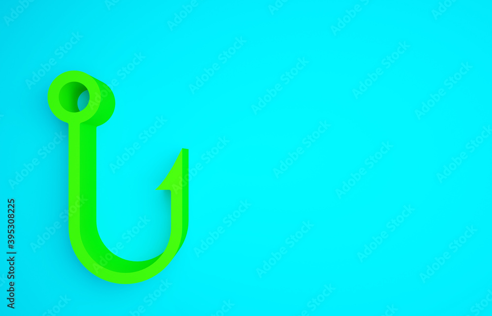 Green Fishing hook icon isolated on blue background. Fishing tackle. Minimalism concept. 3d illustra