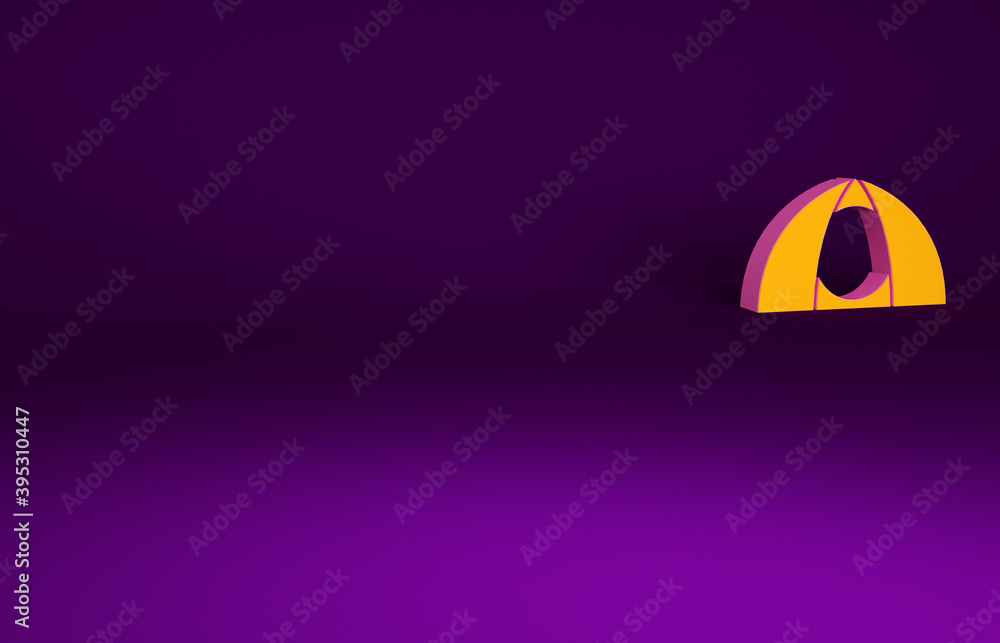 Orange Tourist tent icon isolated on purple background. Camping symbol. Minimalism concept. 3d illus