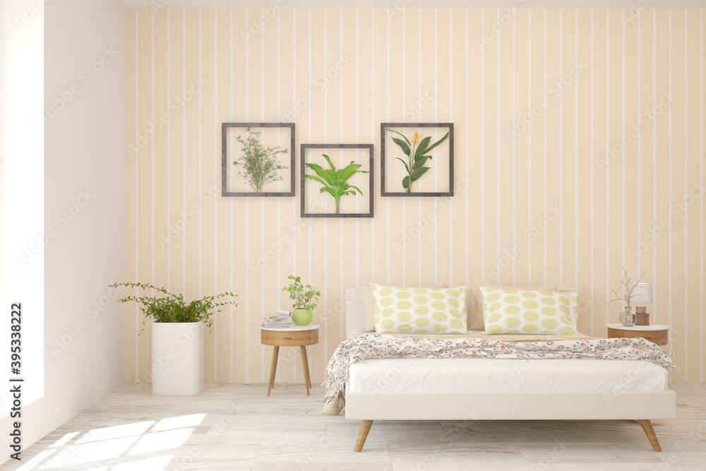 White bedroom interior. Scandinavian design. 3D illustration