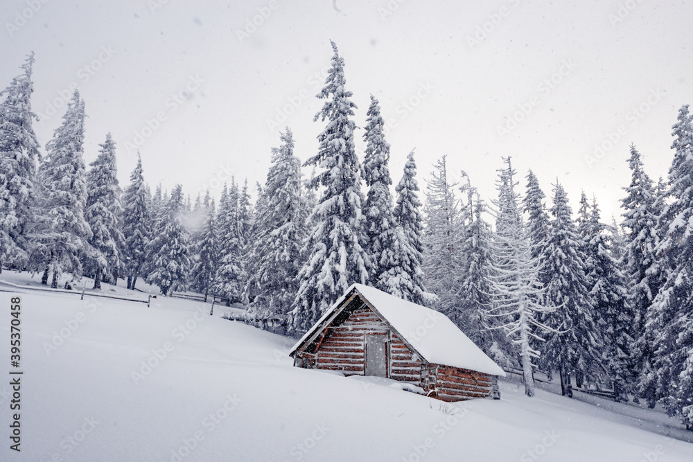 雪山木屋的奇妙冬季景观。圣诞假期概念。喀尔巴阡山