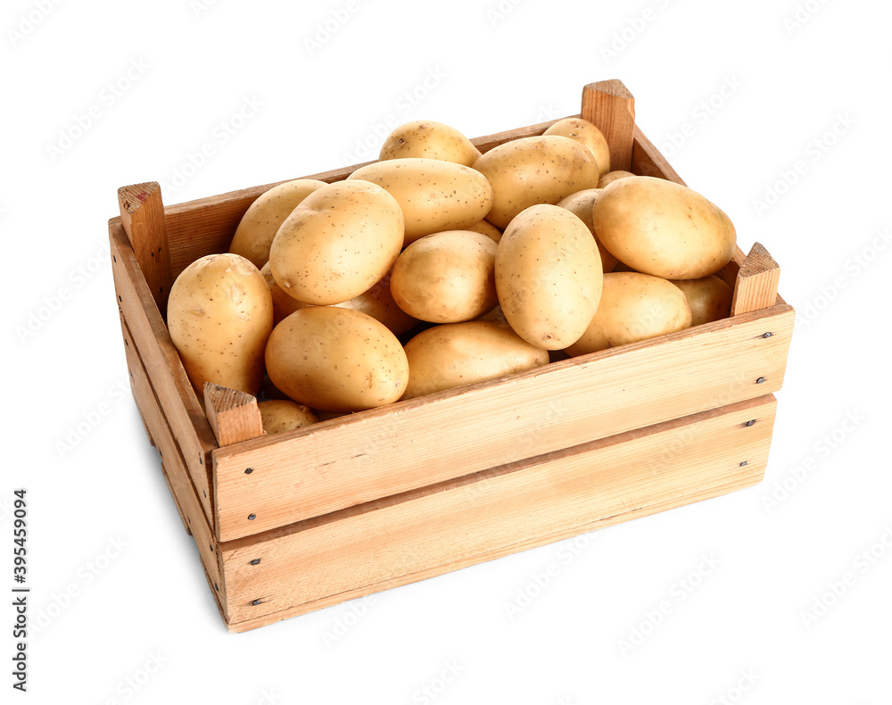 Wooden crate with raw potatoes on white background