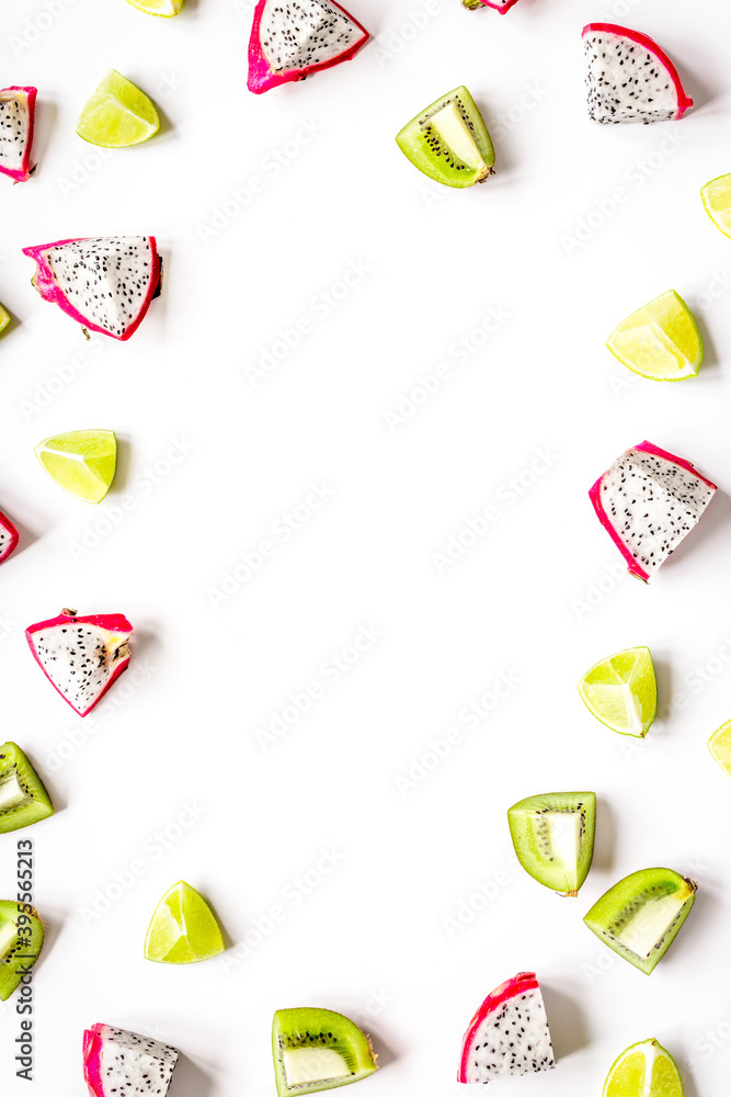 exotic fruits pattern with kiwi, pitaya isolated white background top view mockup