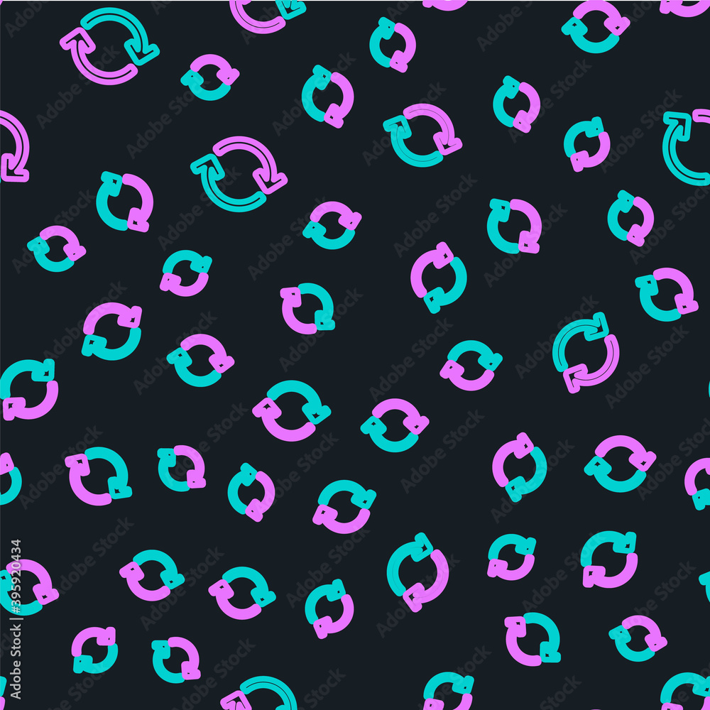 Line Refresh icon isolated seamless pattern on black background. Reload symbol. Rotation arrows in a