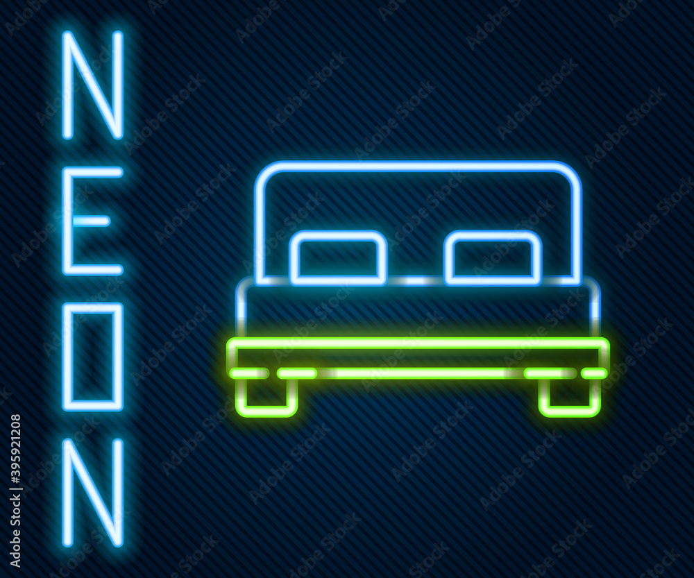 Glowing neon line Big bed for two or one person icon isolated on black background. Colorful outline 