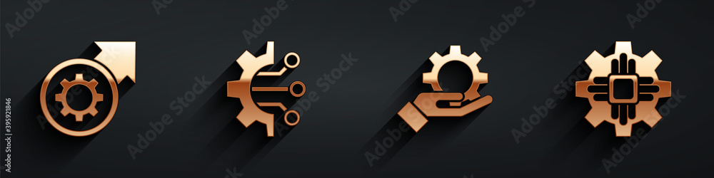 Set Gear and arrows as workflow process, Algorithm, Settings in the hand and Processor icon with lon