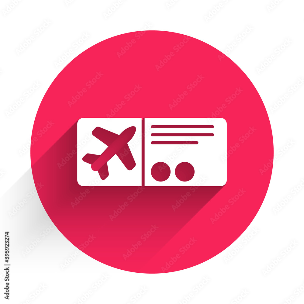 White Airline ticket icon isolated with long shadow. Plane ticket. Red circle button. Vector Illustr