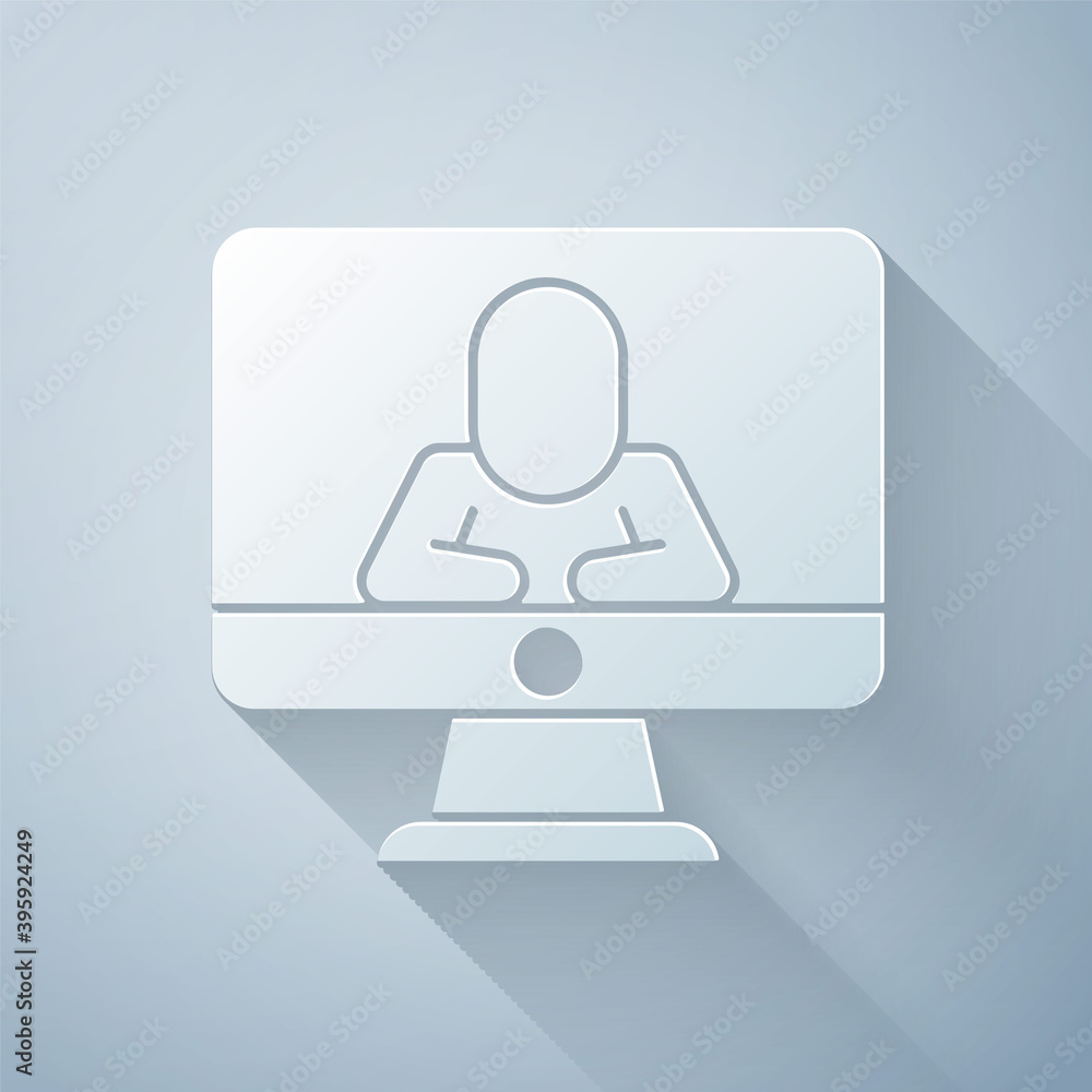 Paper cut Online psychological counseling distance icon isolated on grey background. Psychotherapy, 