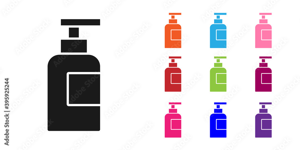 Black Bottle of shampoo icon isolated on white background. Set icons colorful. Vector.