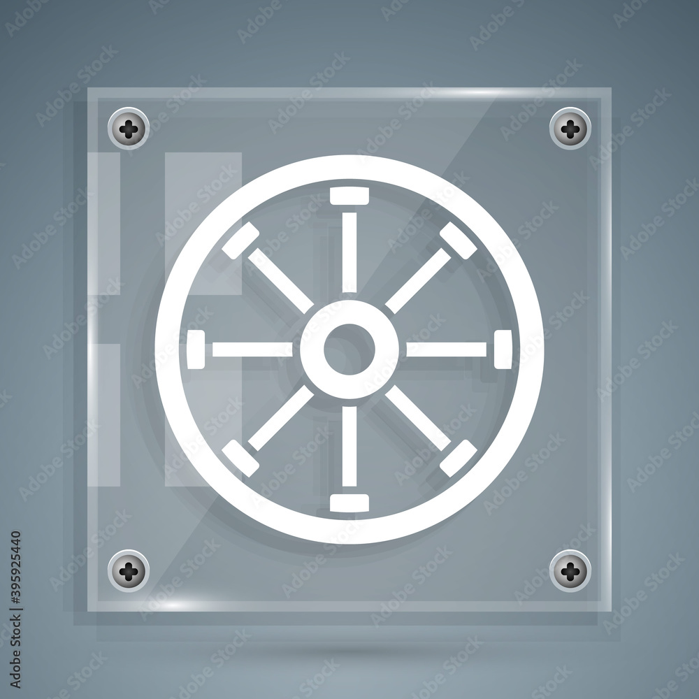 White Old wooden wheel icon isolated on grey background. Square glass panels. Vector.