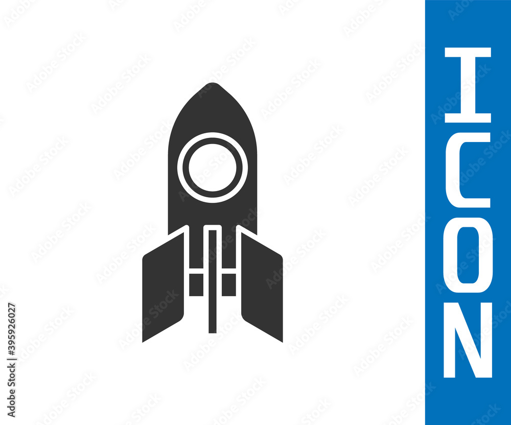 Grey Rocket ship icon isolated on white background. Space travel. Vector.