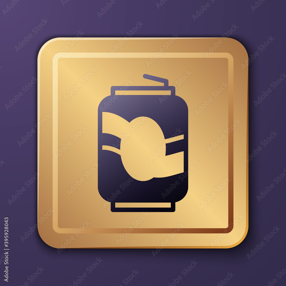 Purple Soda can icon isolated on purple background. Gold square button. Vector.