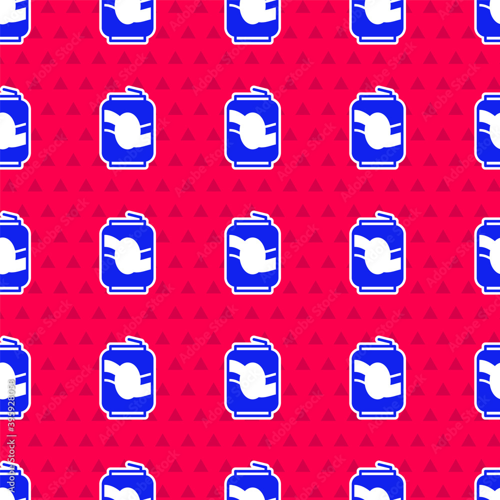 Blue Soda can icon isolated seamless pattern on red background. Vector.