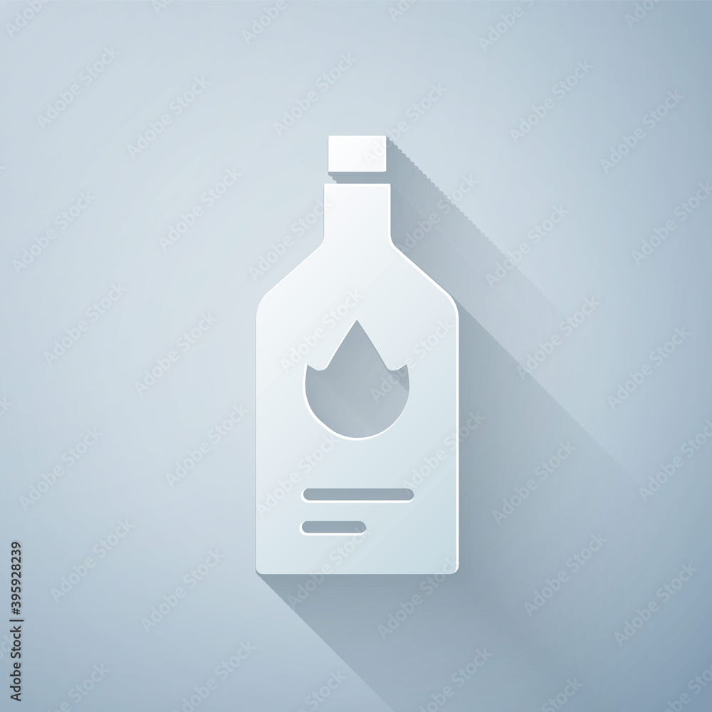 Paper cut Tabasco sauce icon isolated on grey background. Chili cayenne spicy pepper sauce. Paper ar