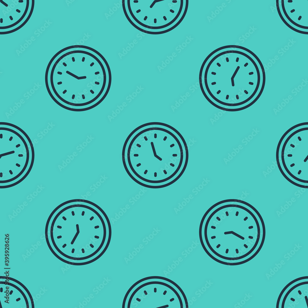 Black line Clock icon isolated seamless pattern on green background. Time symbol. Vector Illustratio