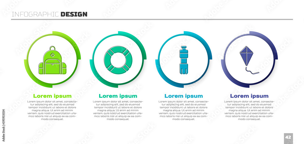 设置徒步背包、救生圈、瓶装水和风筝。商业信息图表模板。矢量。