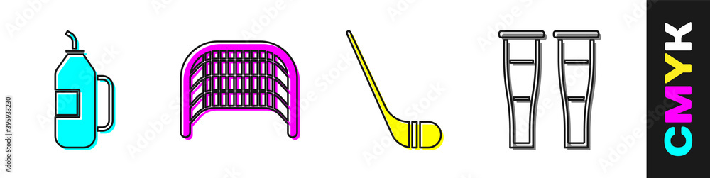 设置健身摇壶、冰球球门、冰球棒和Crutch或拐杖图标。矢量。