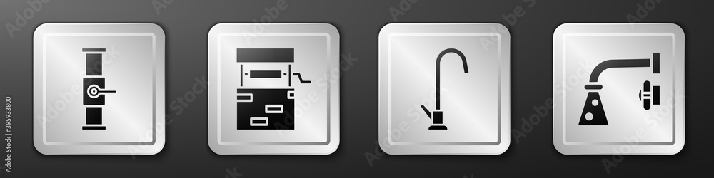 Set Industry pipe and valve, Well, Water tap and Water tap icon. Silver square button. Vector.