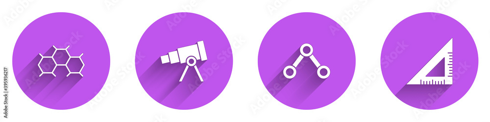 Set Chemical formula, Telescope, Molecule and Triangular ruler icon with long shadow. Vector.