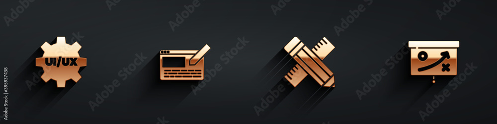 Set UI or UX design, , Crossed ruler and pencil and Planning strategy concept icon with long shadow.