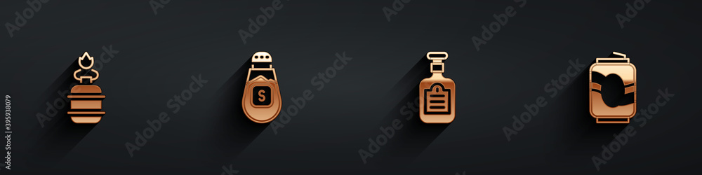 Set Camping gas stove, Salt, Sauce bottle and Soda can icon with long shadow. Vector.