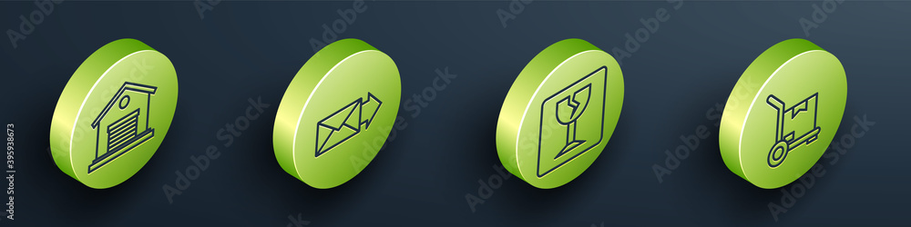 Set Isometric Warehouse, Envelope, Fragile broken glass and Hand truck and boxes icon. Vector.