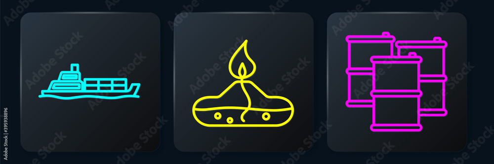 Set line Oil tanker ship, Barrel oil and Alcohol or spirit burner. Black square button. Vector.