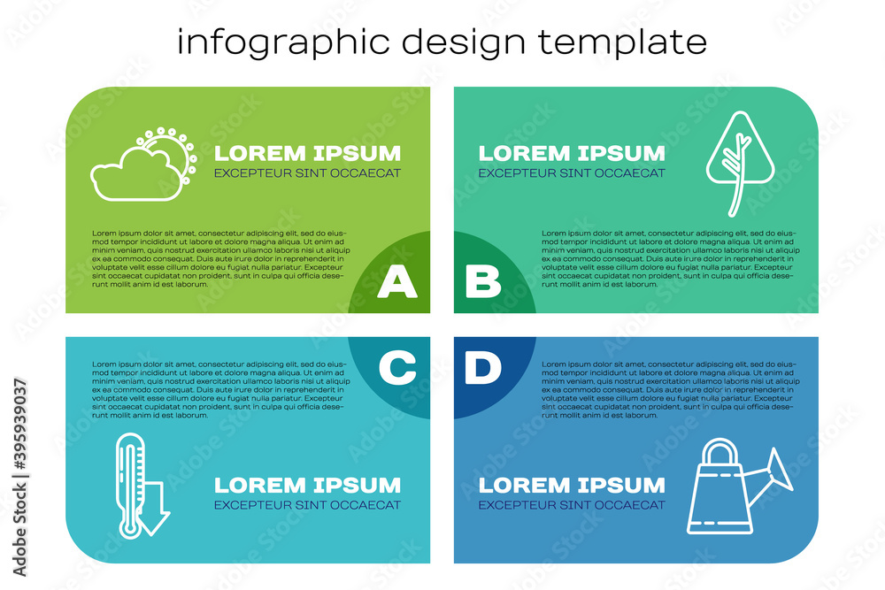 Set line Meteorology thermometer, Sun and cloud weather, Watering can and Leaf or leaves. Business i