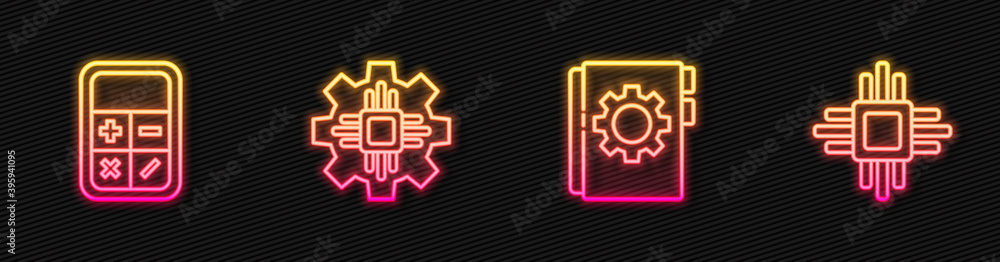 Set line User manual, Calculator, Processor and with microcircuits CPU. Glowing neon icon. Vector.