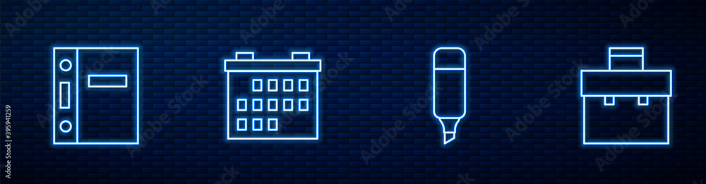 Set line Marker pen, Office folders, Calendar and Briefcase. Glowing neon icon on brick wall. Vector