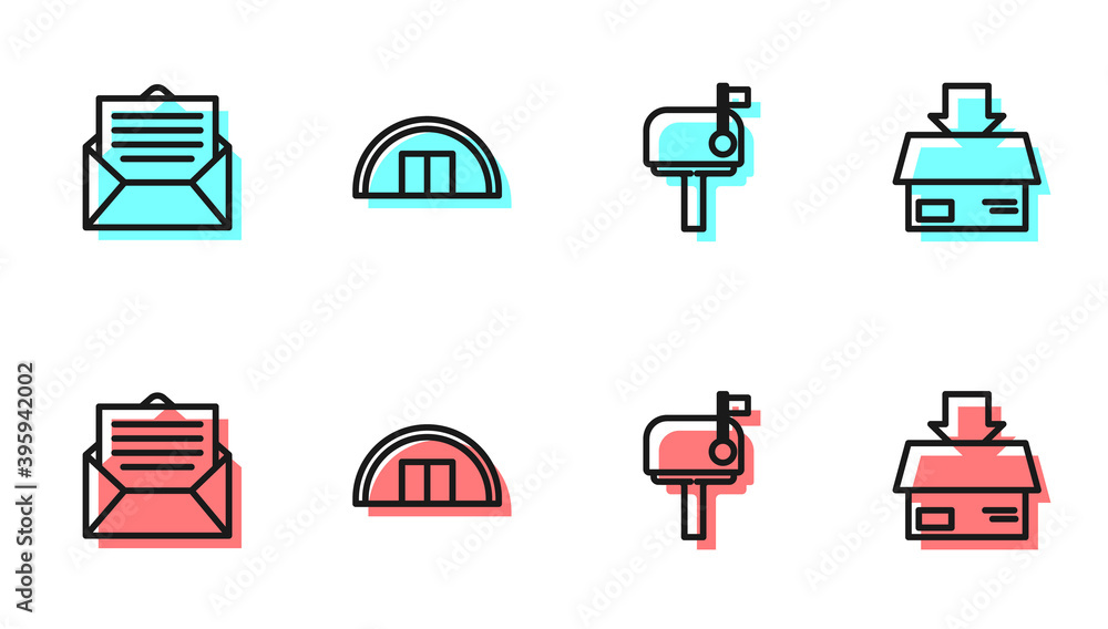 设置行邮箱、信封、仓库和纸箱纸板图标。矢量。