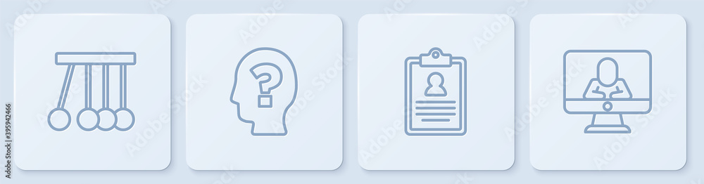 Set line Pendulum, Medical clipboard, Head with question mark and Psychologist online. White square 