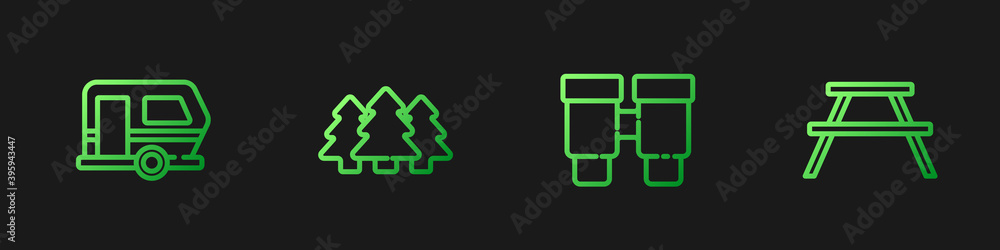 Set line Binoculars, Rv Camping trailer, Forest and Picnic table with benches. Gradient color icons.