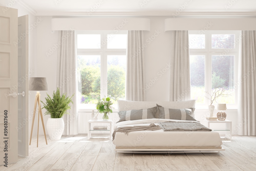 White bedroom interior. Scandinavian design. 3D illustration