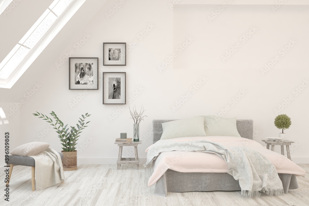 White bedroom interior. Scandinavian design. 3D illustration