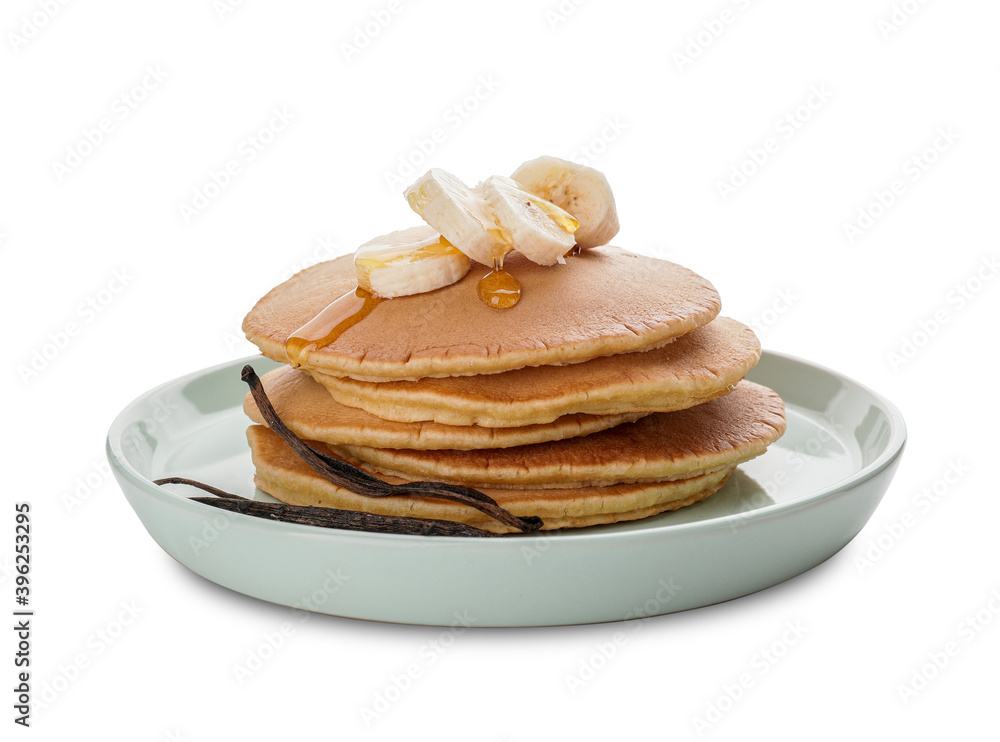 Tasty banana pancakes on white background