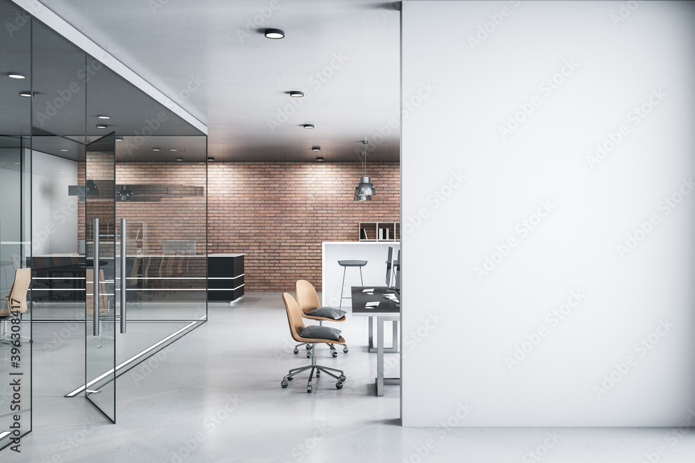 Comfortable office lobby interior with blank white wall.