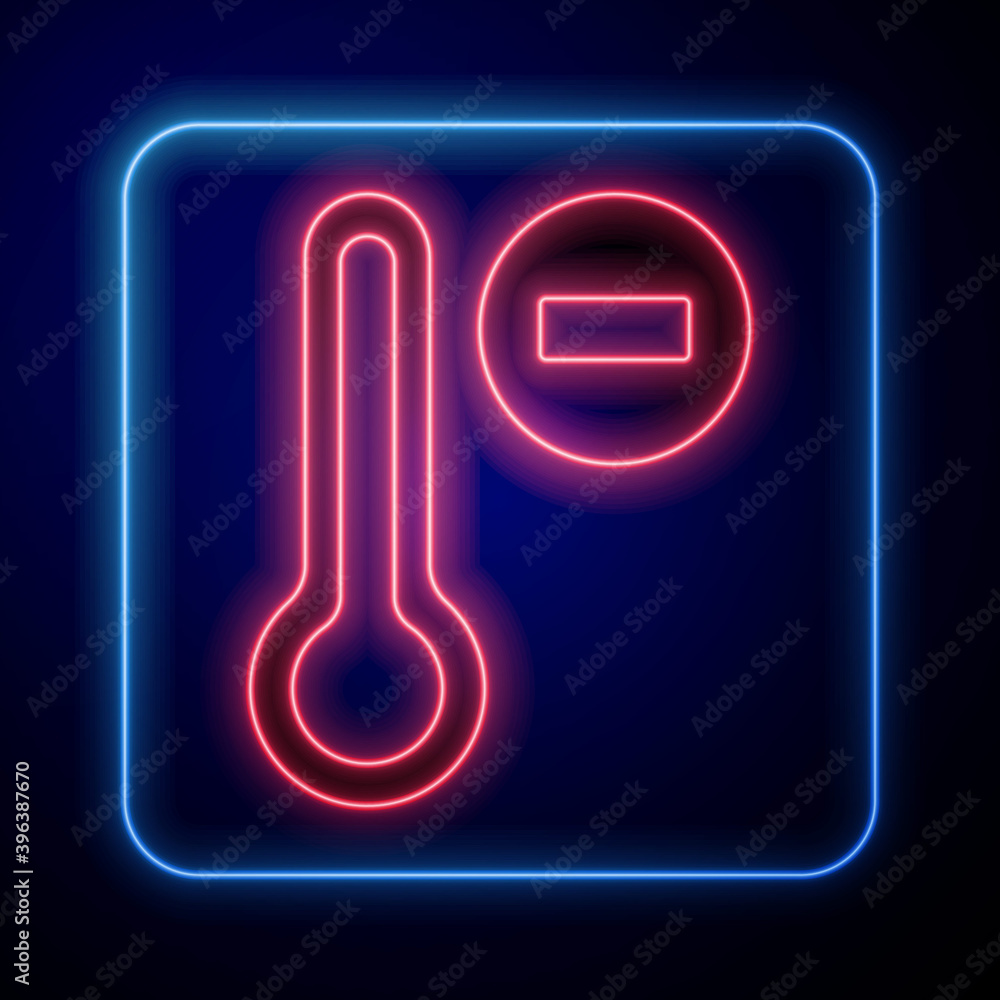 Glowing neon Meteorology thermometer measuring icon isolated on blue background. Thermometer equipme