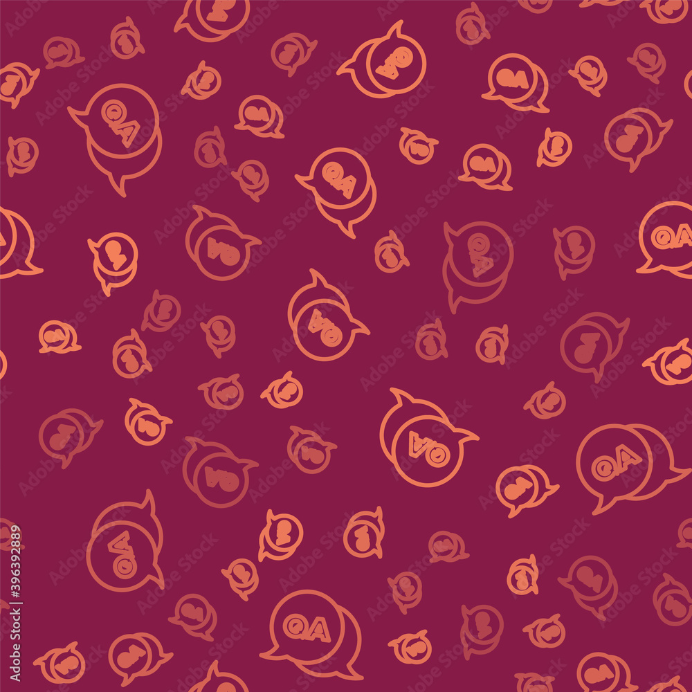 Brown line Speech bubbles with Question and Answer icon isolated seamless pattern on red background.