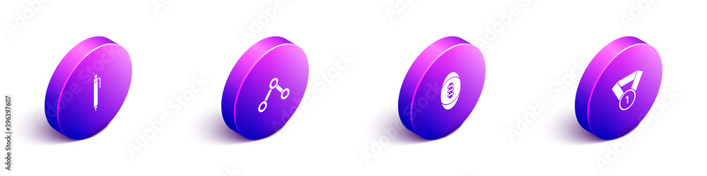 Set Isometric Pen, Molecule, American Football ball and Medal icon. Vector.