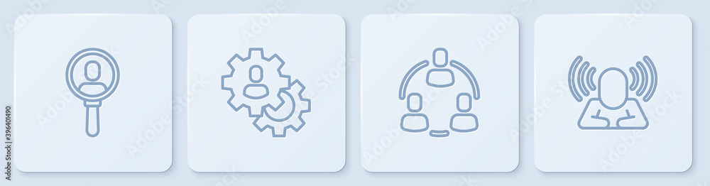 设置线搜索一个人，项目团队基地，猎头和。白色方形按钮。矢量。